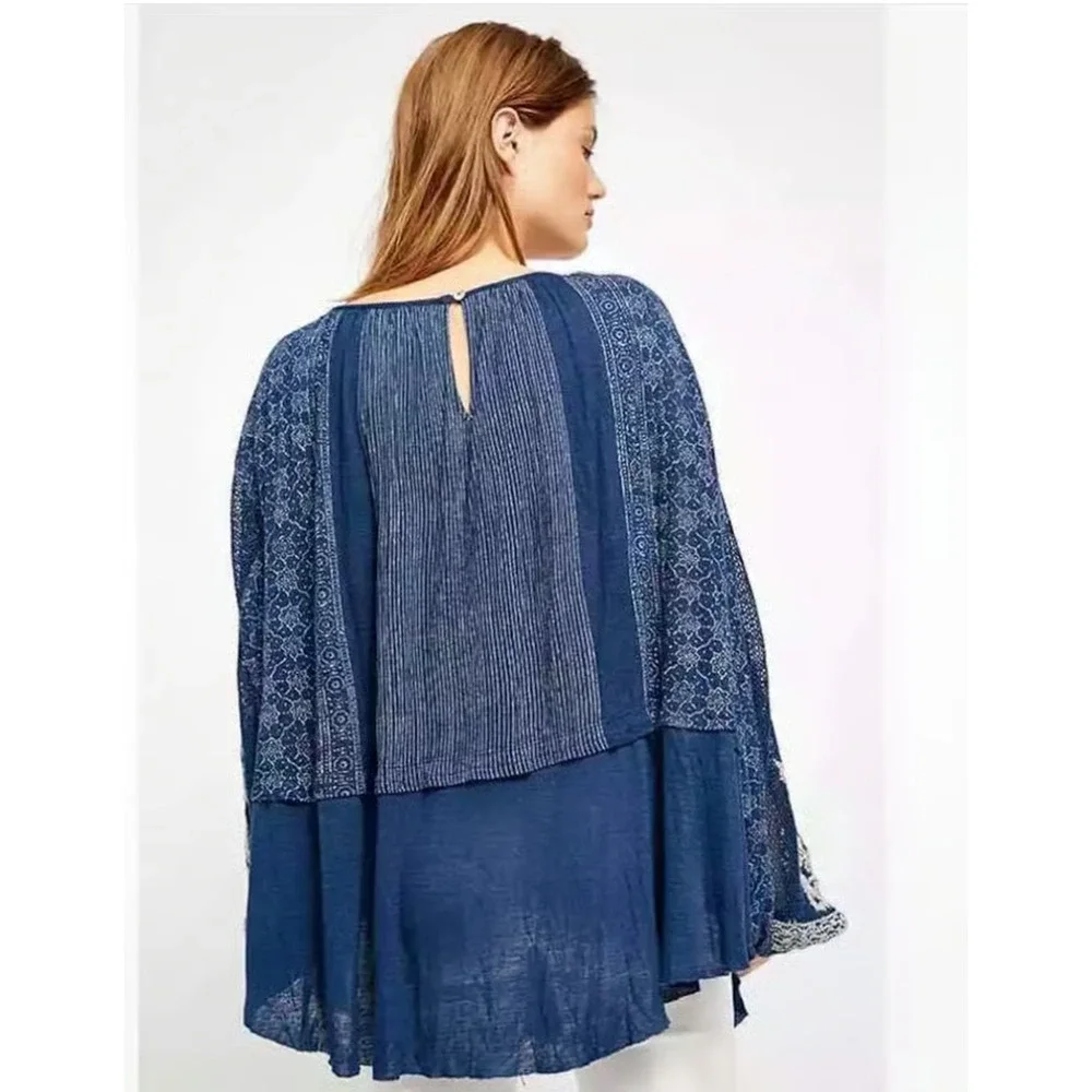 Free People Tunic Womens S/P Indigo Y2K Dreams Oversized Floral Bohemian A004915 - Picture 2 of 9